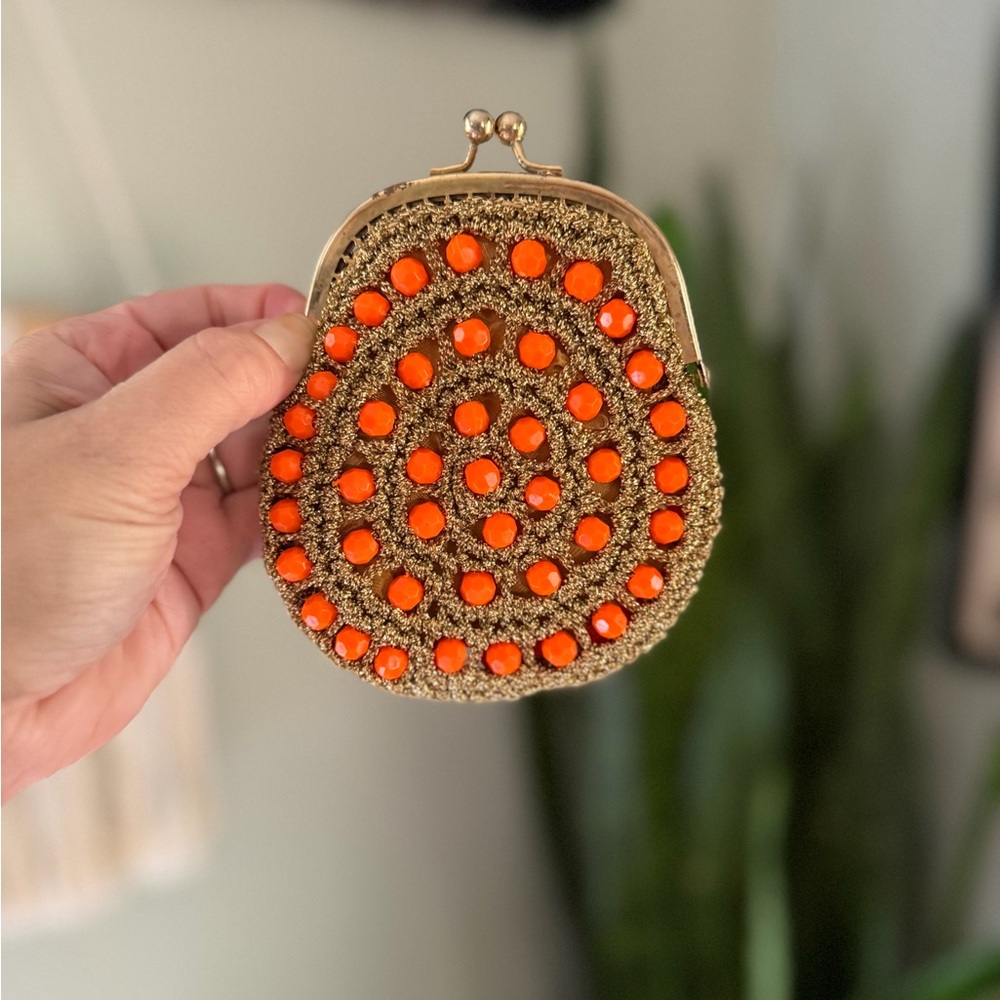 VTG 50s Delill Beaded Gold Crochet Coin Purse Made in Italy - Picture 2 of 8